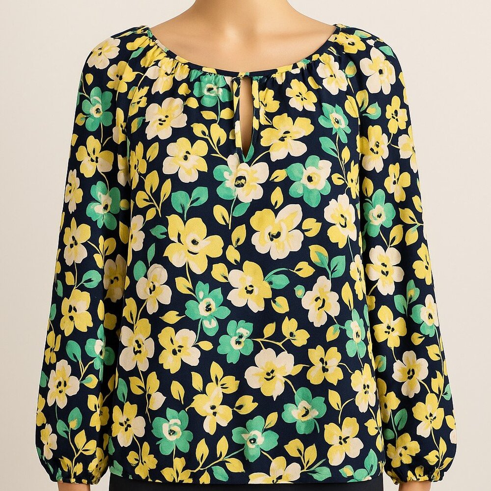 Who What Wear Floral Lightweight L/S Blouse Women's Small Keyhole Scoop Neck